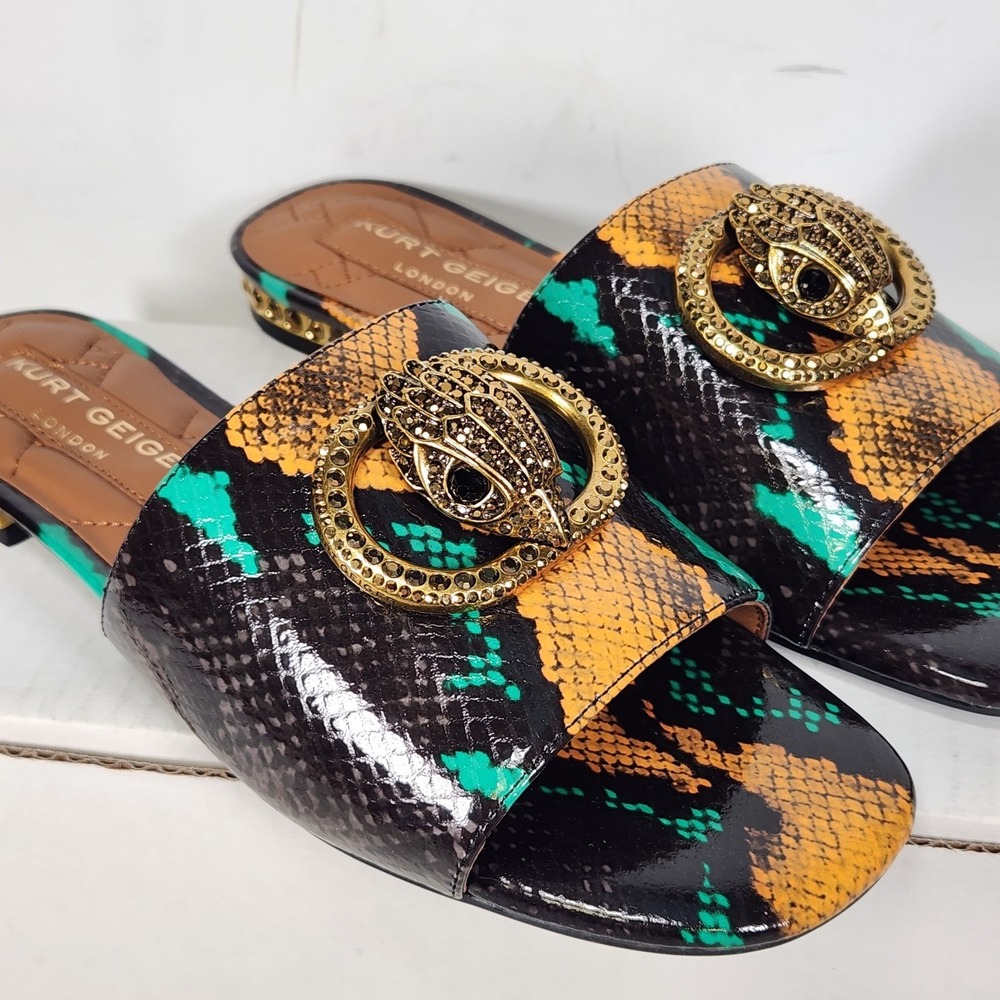 Kurt Geiger Chelsea Flat Sandal Women Size 11 Grey Multi Snake Eagle Head Slide - Picture 3 of 10
